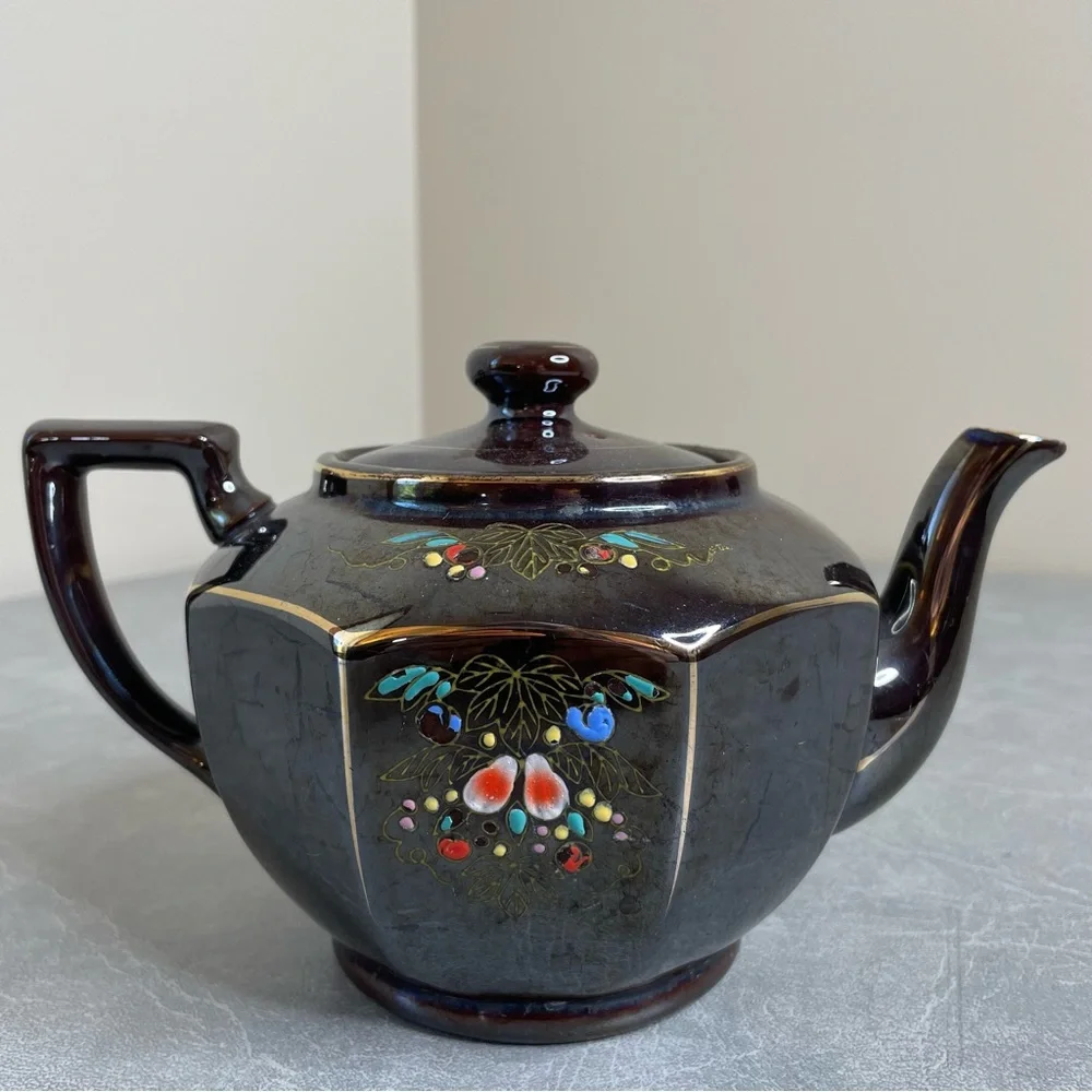 Vintage Mid-Century Japanese Moriage Dark Brown Ceramic Teapot Floral Design